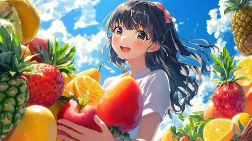 Charming Anime Girl and Fruits