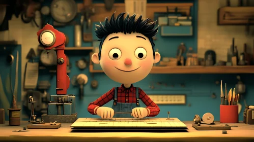 Cartoon Boy at Workbench