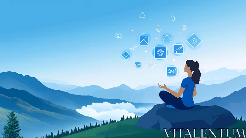 AI ART Woman Meditating in Nature with Digital Icons