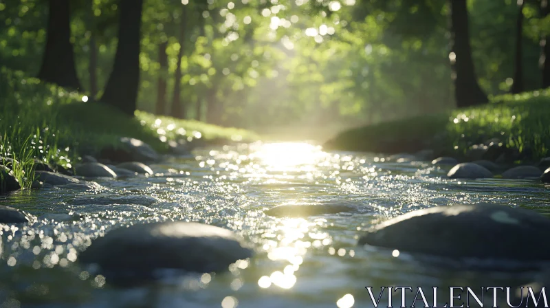 Peaceful River Scene in Forest AI Image