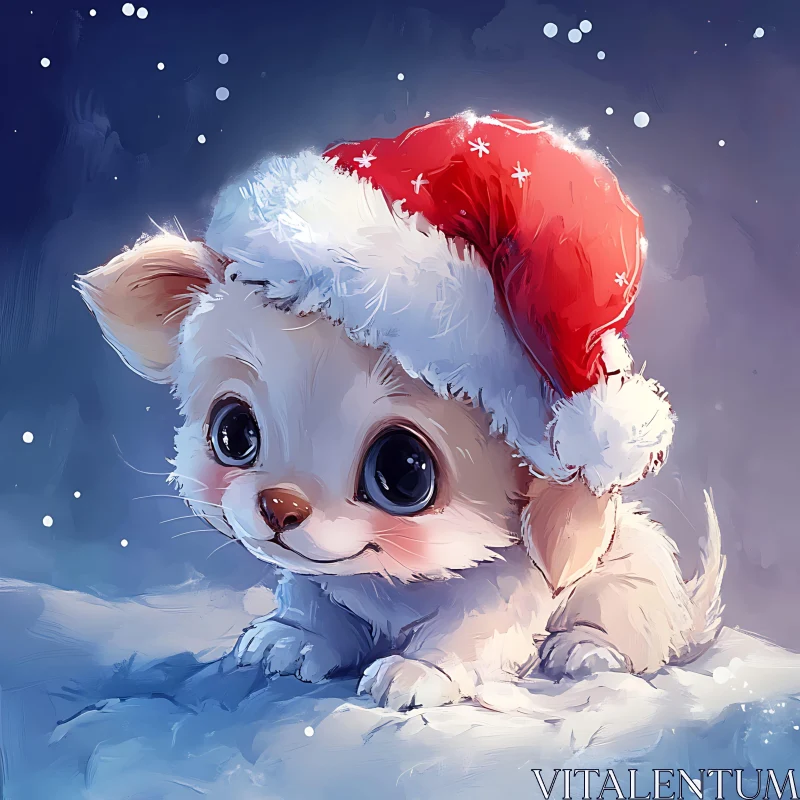 Cute Puppy Wearing Santa Hat in Snow AI Image