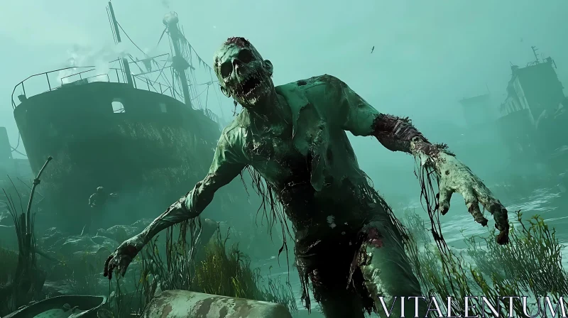 Horror Scene: Decaying Zombie and Shipwreck AI Image