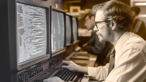Sepia-toned Man Coding on Old Computer