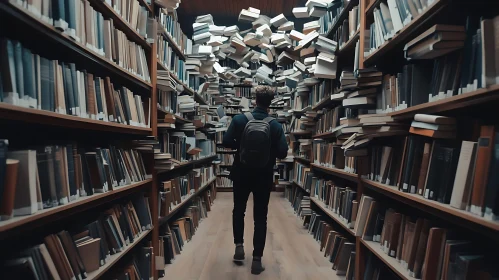 Floating Books in Library Aisle