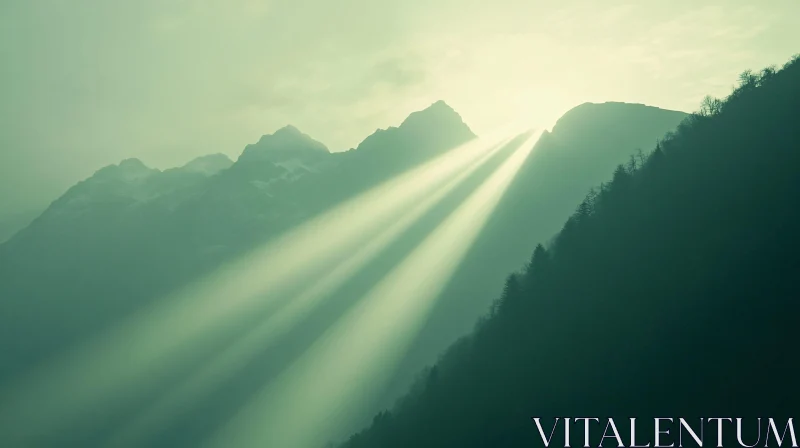 Sun Rays Piercing Through Mountain Peaks at Dawn AI Image