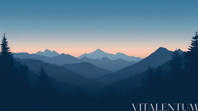 AI ART Blue Mountain Landscape with Pine Trees