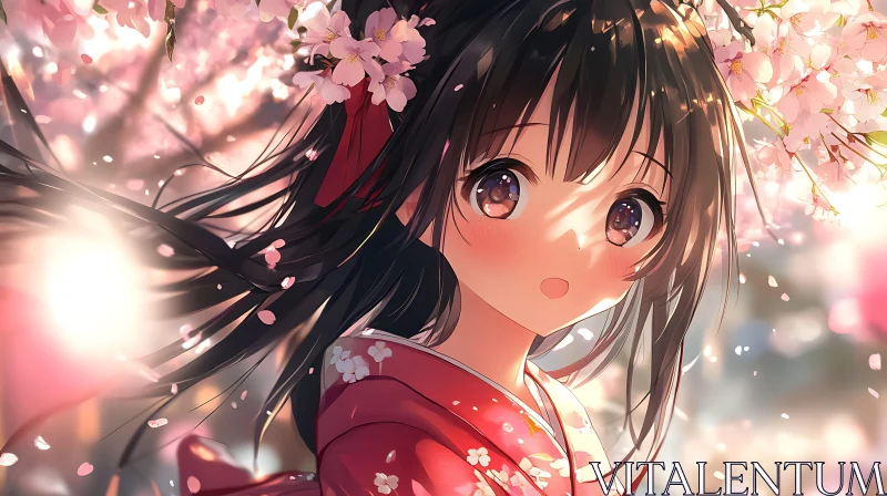 Spring Anime Girl with Cherry Blossoms AI Image