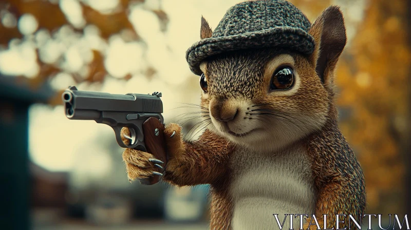 AI ART Squirrel in a Cap Holding a Gun