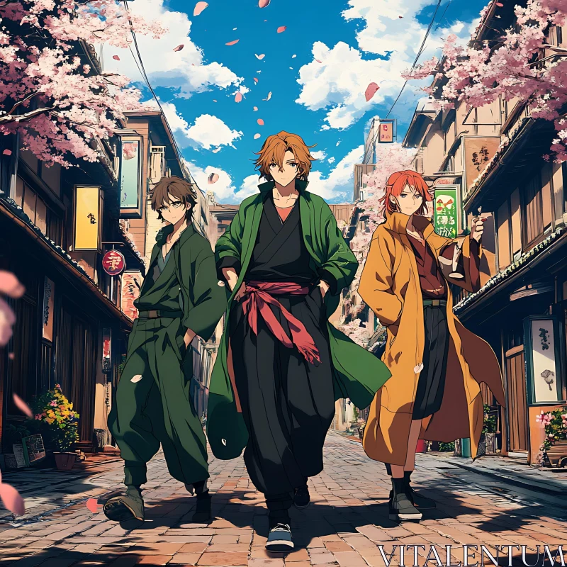 Anime Scene of Samurai in Cherry Blossom Street AI Image