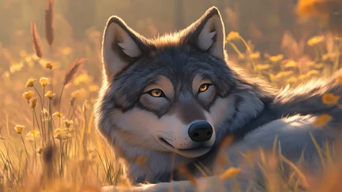 Resting Wolf in Meadow Illustration