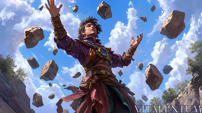 Levitating Stone Sorcerer Under Blue Skies AI Image