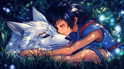 Peaceful Night with a Wolf in Anime Style