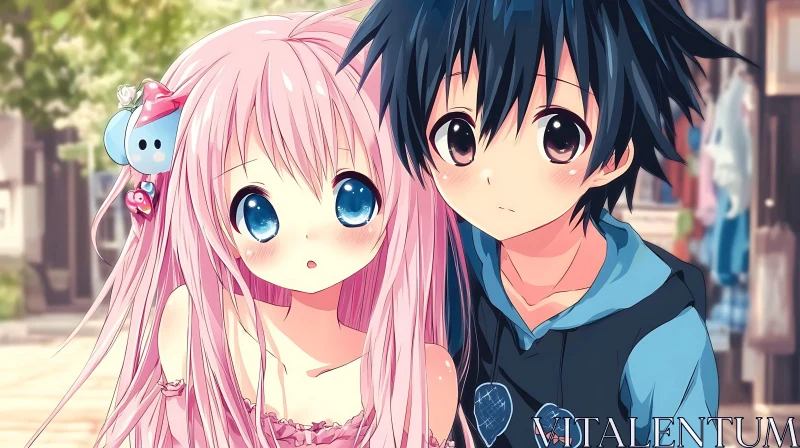 Adorable Anime Couple in Outdoor Scene AI Image