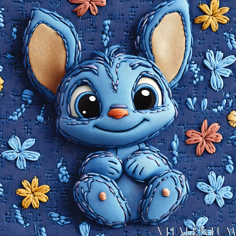 Adorable Handcrafted Blue Character with Flowers AI Image