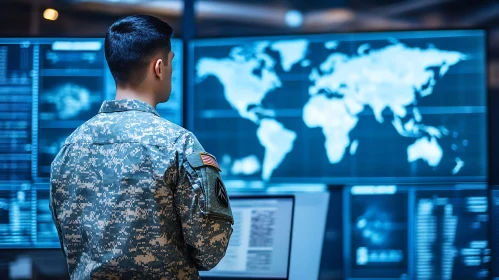 Man in Uniform Analyzing World Map