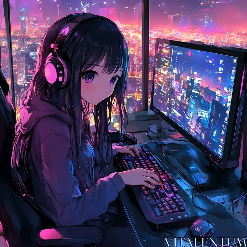 Anime Girl Gaming at Night AI Image