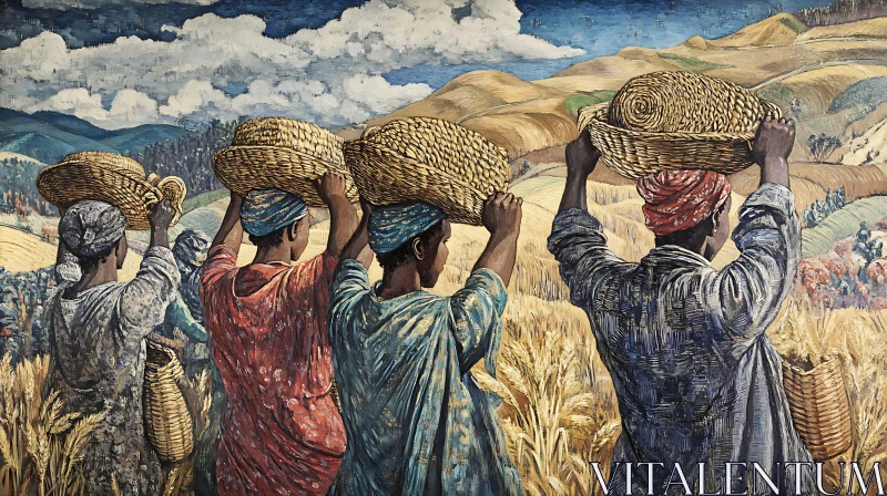 Field Workers Carrying Baskets Painting AI Image