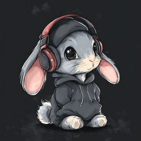 Cartoon Rabbit with Headphones and Hoodie