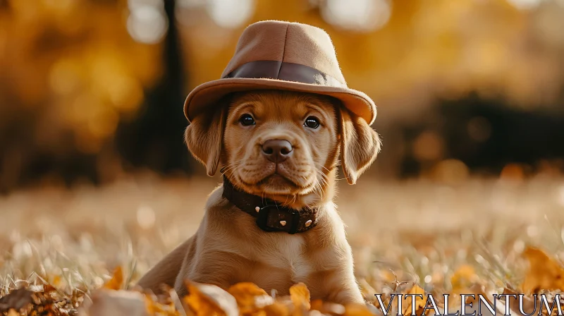 Cute Puppy Wearing a Hat in Fall AI Image