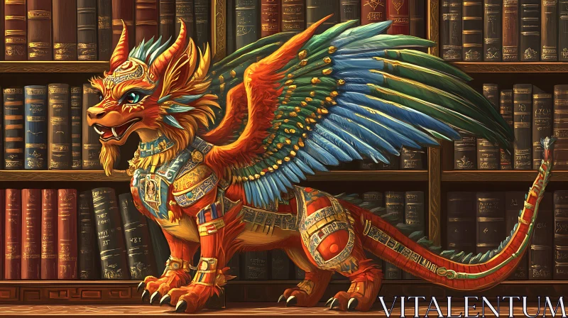 AI ART Armored Dragon in Ancient Library