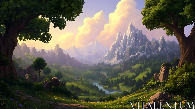 AI ART Scenic Valley View with Mountains