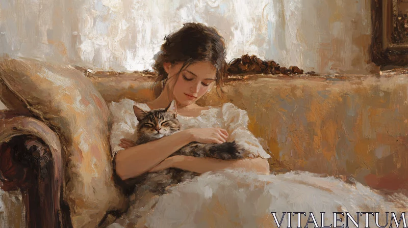 AI ART Woman and Cat Resting on Vintage Couch