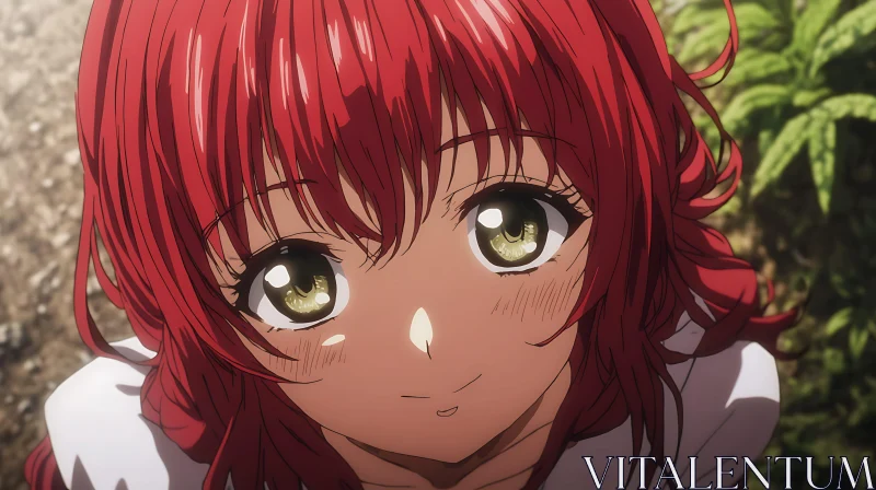 Radiant Anime Girl with Red Hair and Green Eyes AI Image