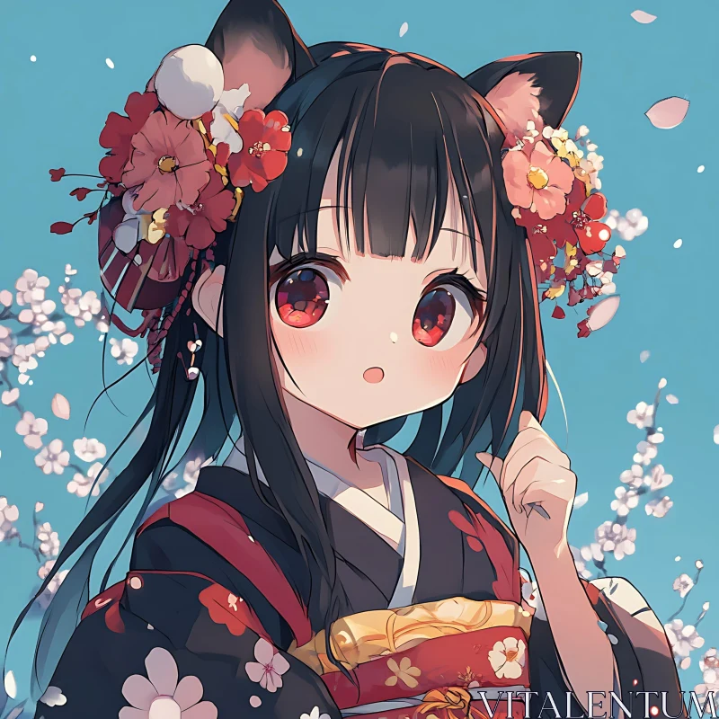 Floral-Adorned Anime Girl with Cherry Blossoms AI Image