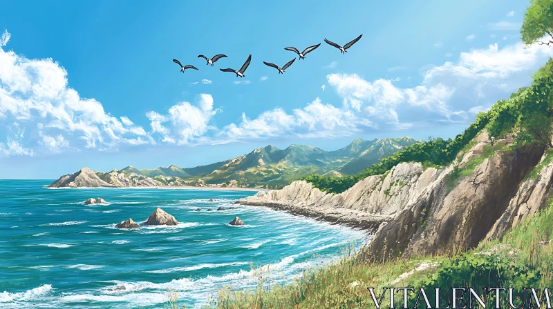 AI ART Peaceful Seascape with Mountain Backdrop