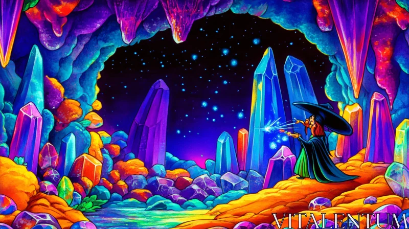 Mystical Witchcraft Scene in Gemstone Cavern AI Image