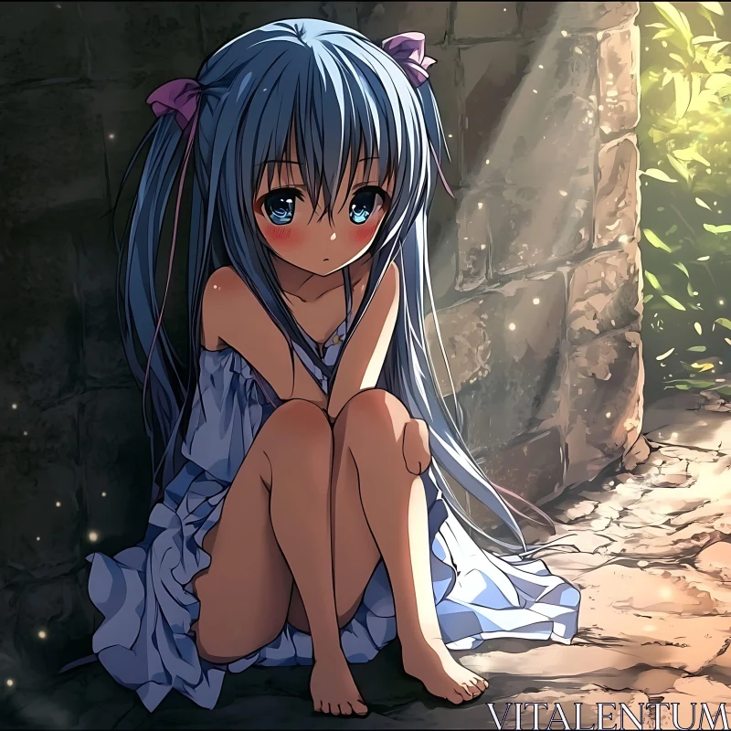 Sad Anime Girl in Sunlit Stone Alley AI Image