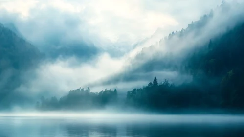 Tranquil Mountain Lake in Fog