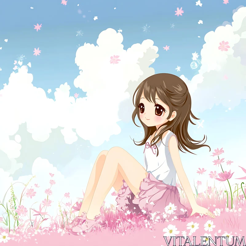 Charming Anime Art: Girl in Blossom Field AI Image