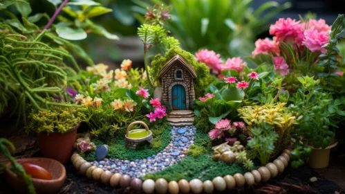 Enchanting Fairy Garden with Tiny Houses and Colorful Arrangements