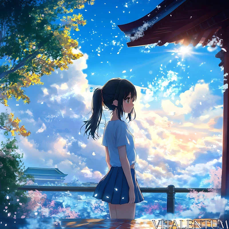 Scenic Anime Girl with Sunlit Background AI Image