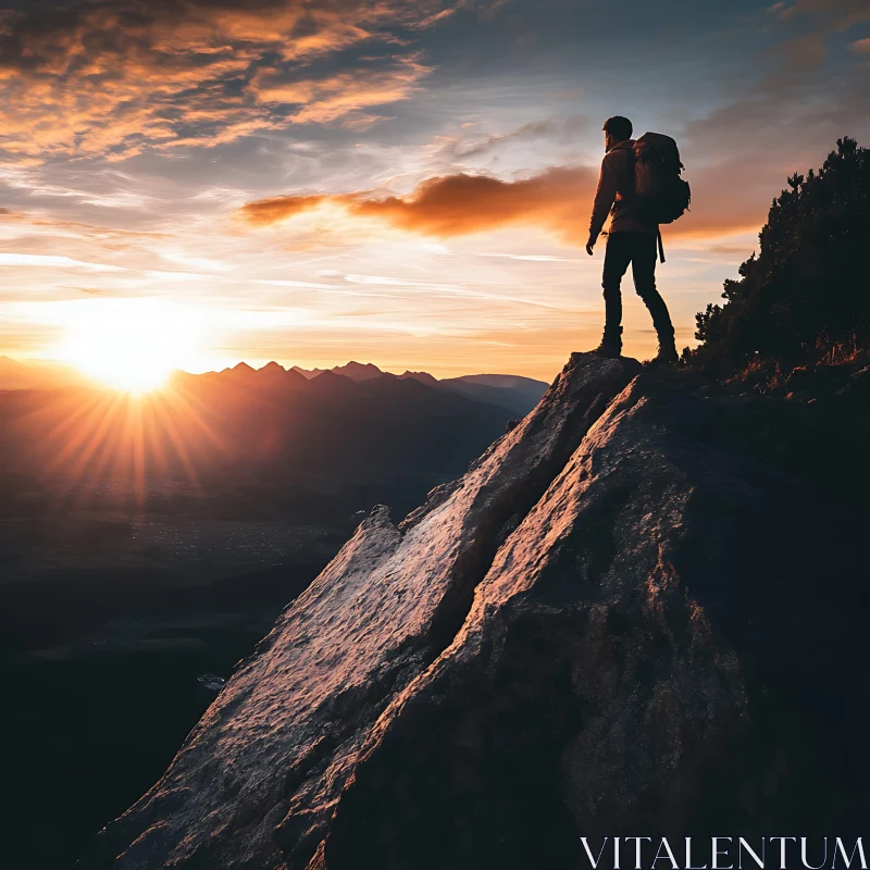 Silhouette on Mountain at Sunset AI Image