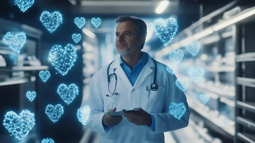 Doctor Surrounded by Digital Hearts