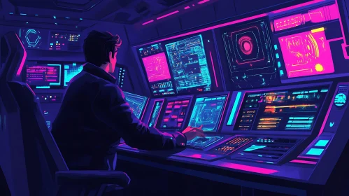 Neon-lit Data Console in a Futuristic Setting