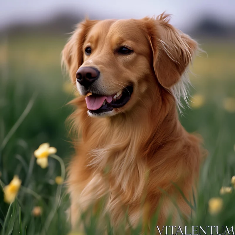 Happy Golden Retriever in a Flower-Covered Meadow AI Image