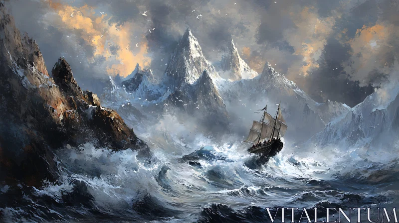 Stormy Seas and Distant Peaks AI Image