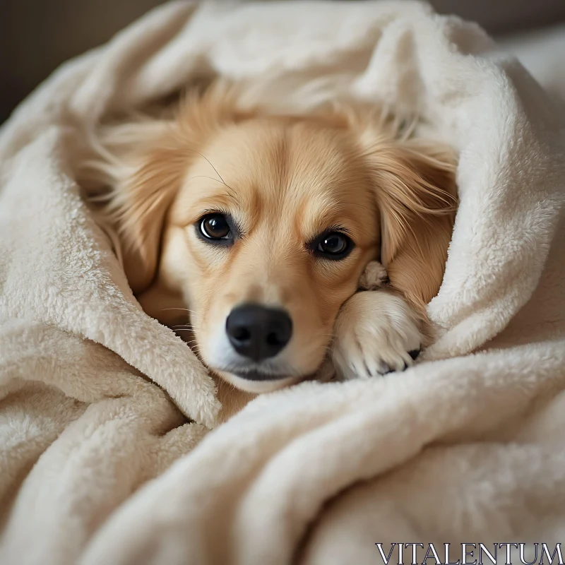 Cute Puppy Wrapped in Cozy Blanket AI Image