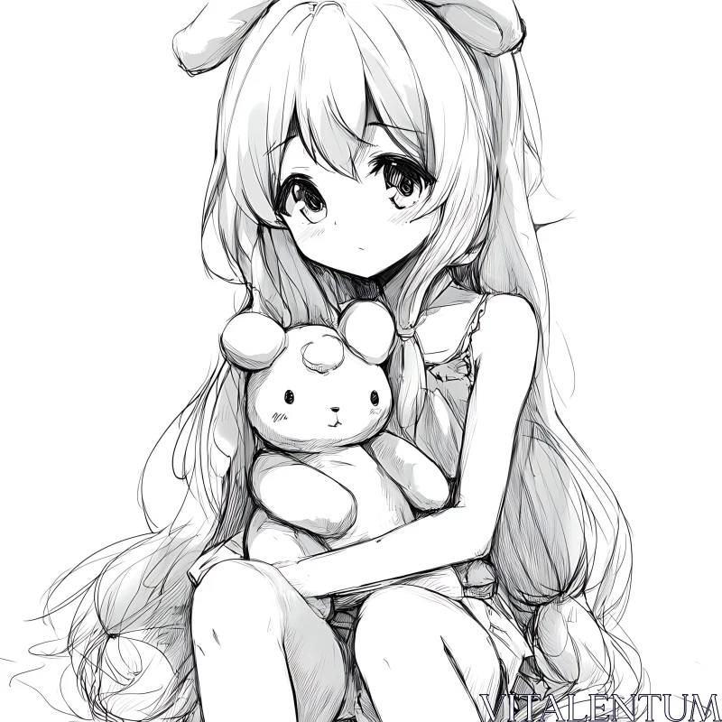 Melancholic Anime Girl Holding Teddy Bear Sketch AI Image