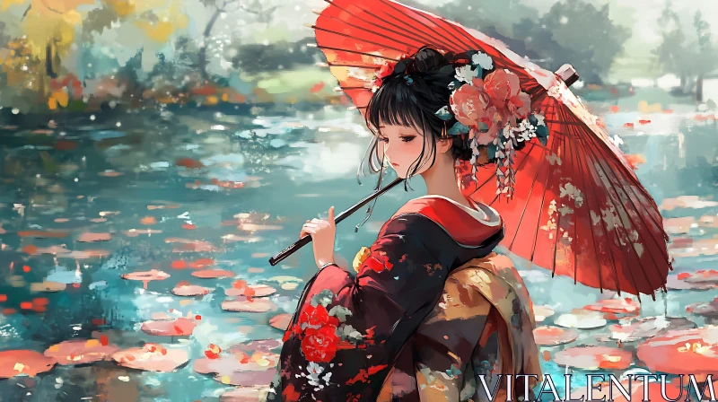 Geisha with Red Umbrella by Flowered Waters AI Image