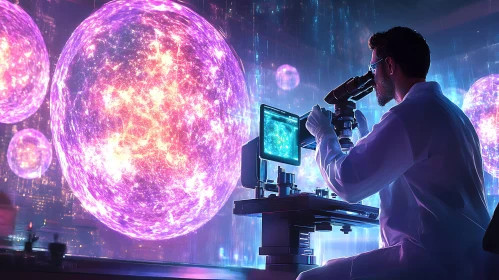 Scientist Examining Glowing Orbs