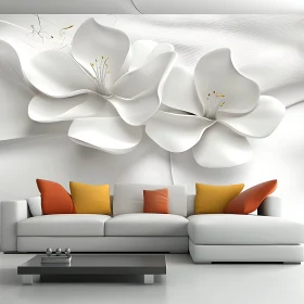 Modern Interior with White Sofa, Orange Cushions, and Floral Wall Art