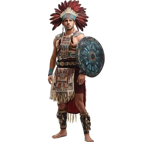 Man Portraying Aztec Warrior with Shield