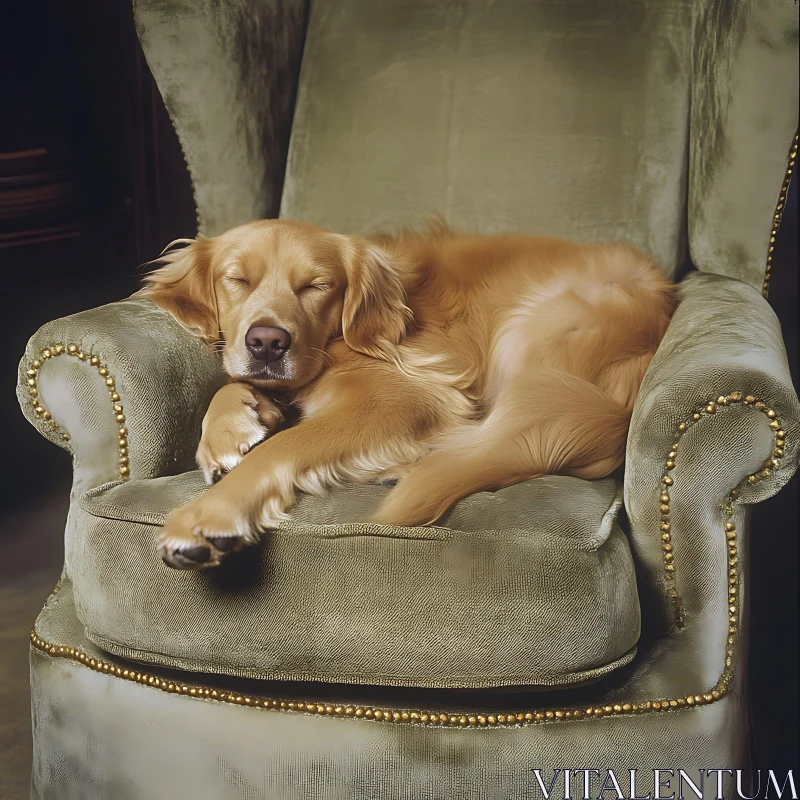 Peaceful Golden Retriever on Velvet Chair AI Image