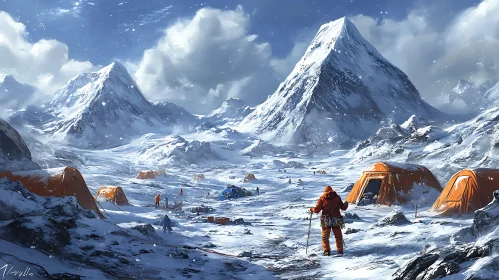 Mountain Base Camp Under Snowy Peaks