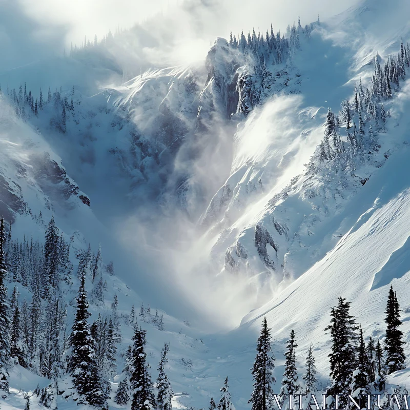 Snowy Mountain Scenery with Fir Trees AI Image