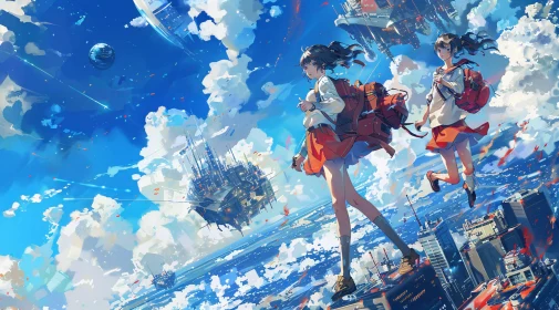 Schoolgirls in Futuristic Sky City